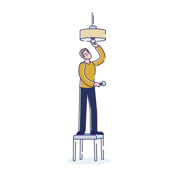 Man changing light bulb in ceiling lamp while standing on stool on white background — Stock Vector