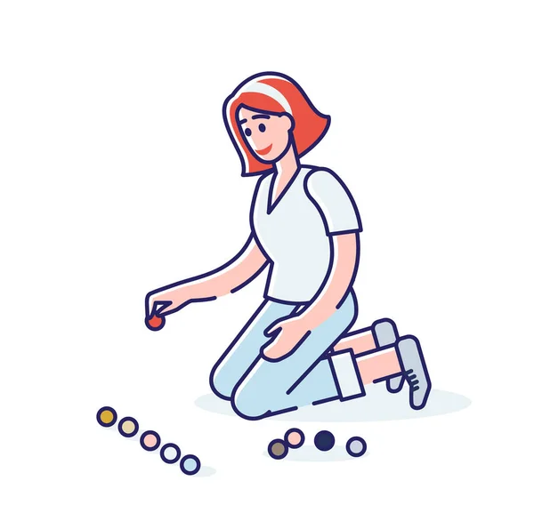 Chica jugando juego de lógica con bolas de colores para la educación y el desarrollo de los niños — Vector de stock