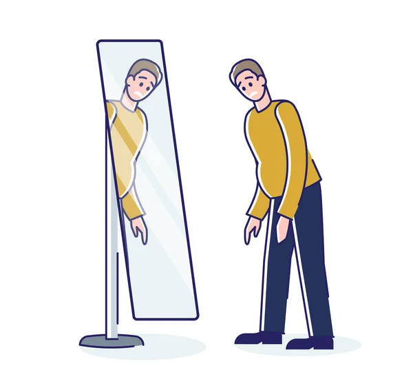 Gros homme avec surpoids regardant dans un miroir. Triste homme obèse regardant grandir le ventre — Image vectorielle