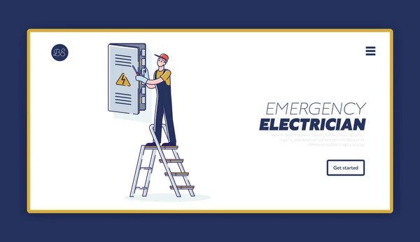 Elektriker-Service-Website Zielseite mit Ingenieur arbeitet mit Schaltschrank — Stockvektor