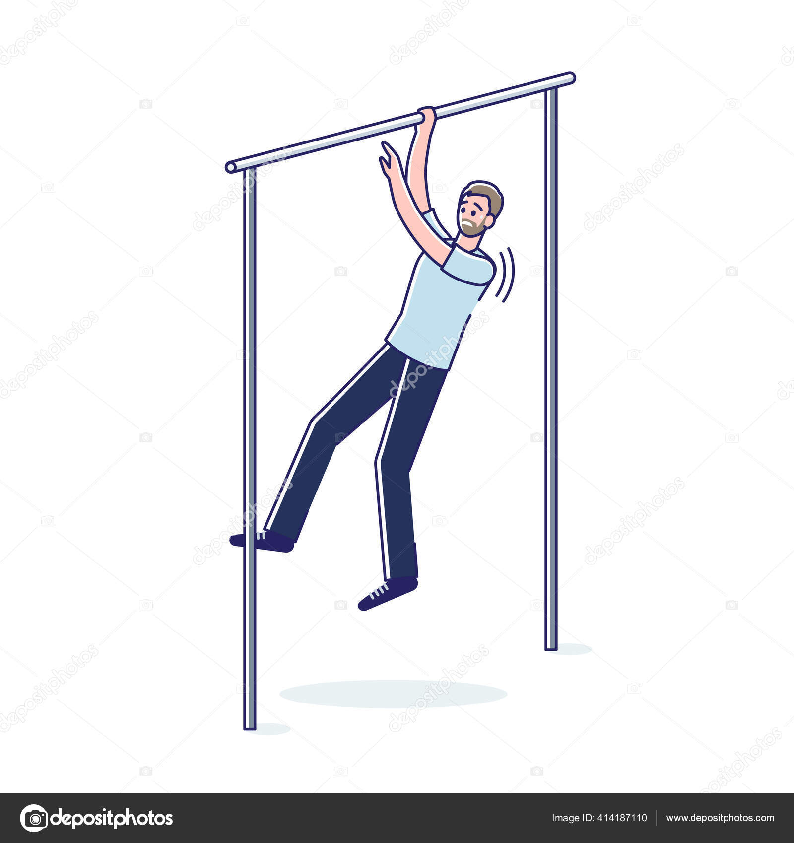 피곤 한 사람이 수평 바에서 도르래를 하고 있어요. 지칠 대로 땀흘리는 만화 배우가 일하고 있어요 스톡 벡터 - ©zuperia  414187110, image size:1600x1698
