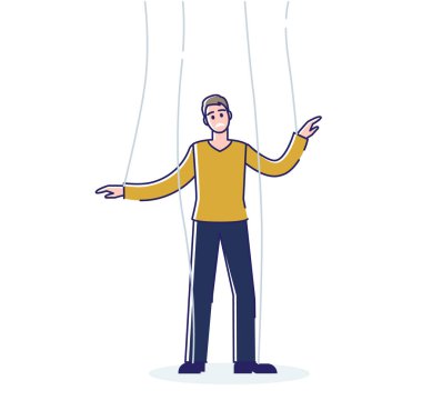 İpte bir erkek kukla. Manipüle edilmiş iş adamı beyaz arka planda izole edilmiş.