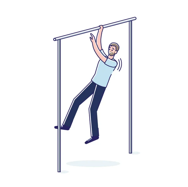 Fatigué de faire des pullups sur la barre horizontale. Épuisé sueur dessin animé gars travailler sur — Image vectorielle