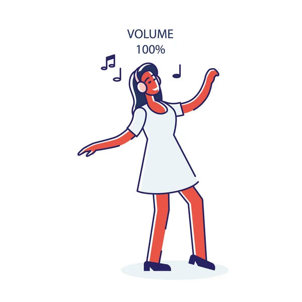 Žena má ráda hudbu ve sluchátkách na vysoké hlasitosti. Karikatura africké ženy poslouchat hudbu hlasitě — Stockový vektor