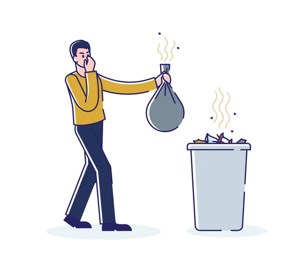Kokuşmuş çöp torbası tutan adam. Erkek, çöp kutusuna pis kokulu çöp atıyor. — Stok Vektör