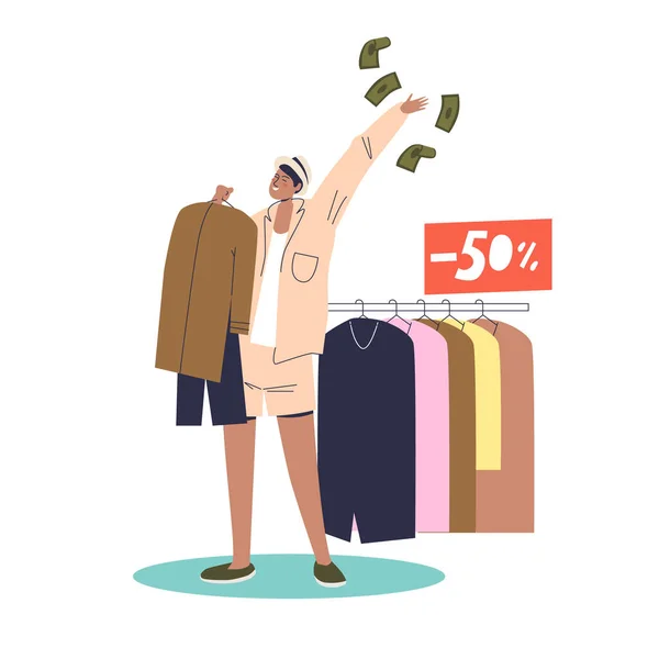 Happy woman buying new clothes with 50 percent sale. Cartoon female on shopping — Stock Vector