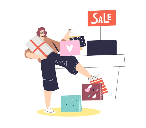 Woman shopping in fashion store buying clothes with big sale stand at cashier with shopping bags — Stock Vector