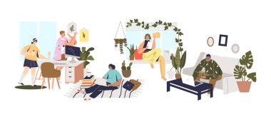 Çalışan ve evlerinde damızlık olan insanlar. Dizüstü bilgisayarları ve bilgisayarları olan genç yetişkinler