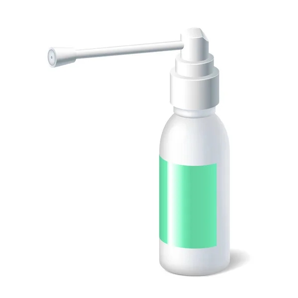 Flasche für medizinische Kehlkopfspray-Attrappe. Realistische Aerosol-Medikamentenbehälter — Stockvektor