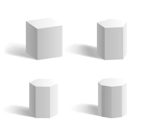 Forme geometriche 3d di base: cubo, cubo, esagono, pentagono prisma bianco modelli isolati — Vettoriale Stock