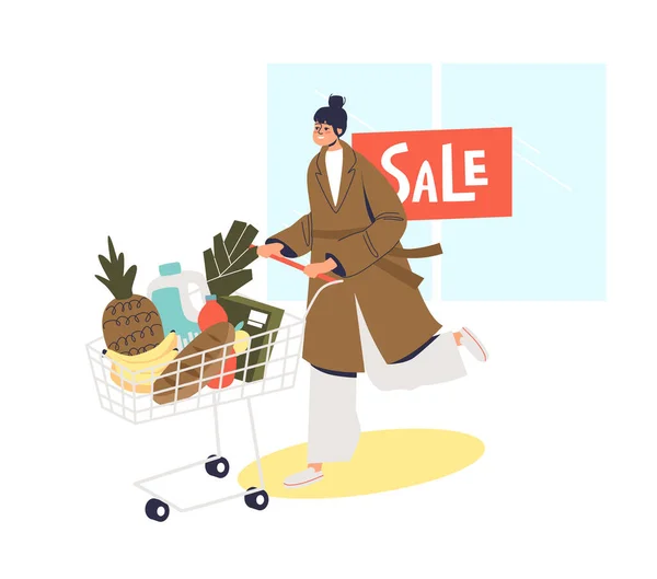 Woman with full cart after sales on shopping in grocery store. Cartoon female pushing trolley — Stock Vector