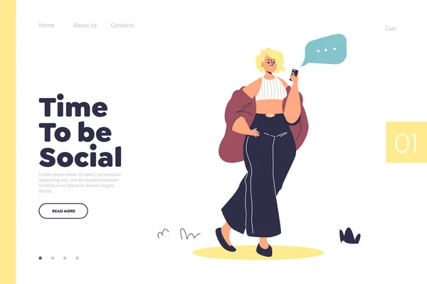 Redes sociales de navegación concepto de landing page con mensajería de chica de dibujos animados con teléfono inteligente — Vector de stock