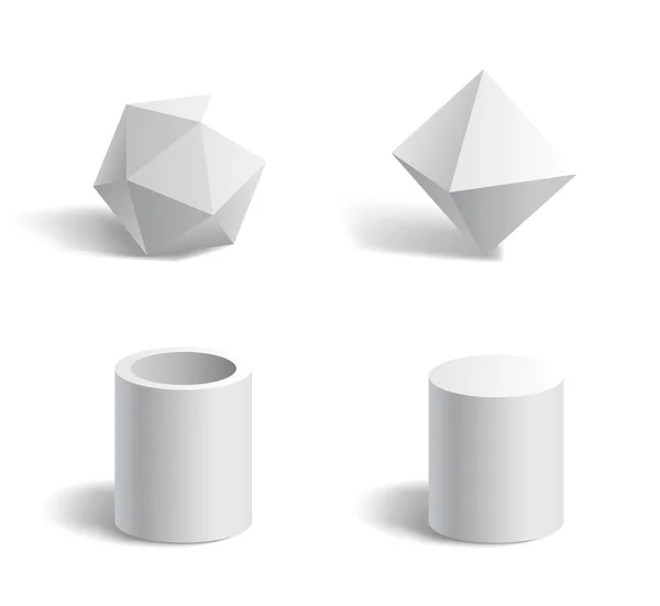 Forme geometriche 3d di base: poligono, tubo, cilindro bianco modelli isolati — Vettoriale Stock