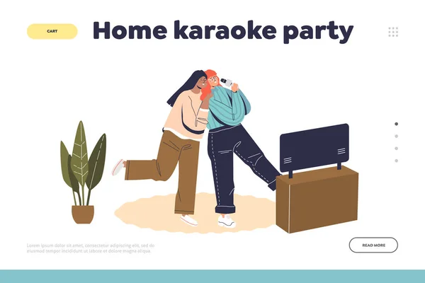 Hem karaoke party landning sida koncept med två kvinnor sjunger karaoke läsa texter från tv — Stock vektor