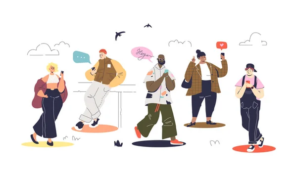 Набор современных людей, использующих смартфоны и обмен сообщениями пешком. Персонажи мультфильмов в чате онлайн — стоковый вектор