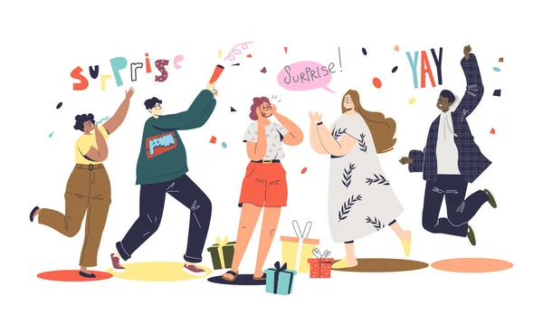 Amis saluant fille avec des vacances ou un anniversaire à la fête surprise. Concept d'accueil inattendu — Image vectorielle