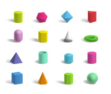Temel 3d geometrik şekiller kümesi Renkli küre, torus, küp, izole edilmiş piramitler