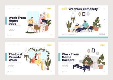 Evden bilgisayarlar üzerinde çalışan çizgi film karakterlerinin yer aldığı iniş sayfaları için ev ofisi kavramı