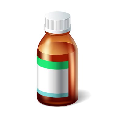 Tıbbi şişe 3D. Sıvı ilaçlar ya da uyuşturucu hapları için cam şişenin gerçekçi bir kopyası.