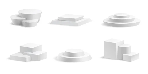 Maqueta de podio blanco 3d en diferentes formas. Conjunto de etapa vacía o pedestal aislado — Vector de stock