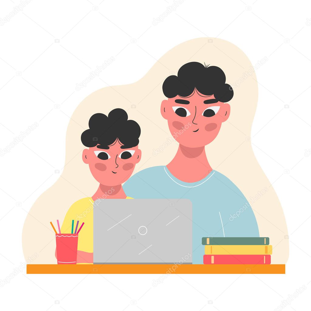 Son and father at a laptop play, study. Help with homework. Vector illustration