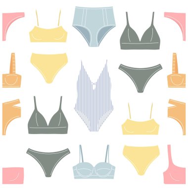 Değişik kadın plaj kıyafetleri, mayo ve bikinili kusursuz desenler. Vektör illüstrasyonu