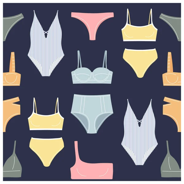 Değişik Kadın Plaj Kıyafetleri Mayo Bikinili Kusursuz Desenler Vektör Illüstrasyonu — Stok Vektör
