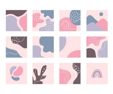 Çeşitli şekil ve dokulara sahip soyut bir arkaplan. Sosyal medya hikayeleri, baskılar, el ilanları, afişler, kumaşlar, davetiyeler, markalar, kapaklar ve daha fazlası için vektör ilüstrasyonu uygun.