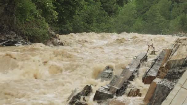 Naturkatastrofer och extrema väderförhållanden. Rasande flod med smutsigt vatten — Stockvideo