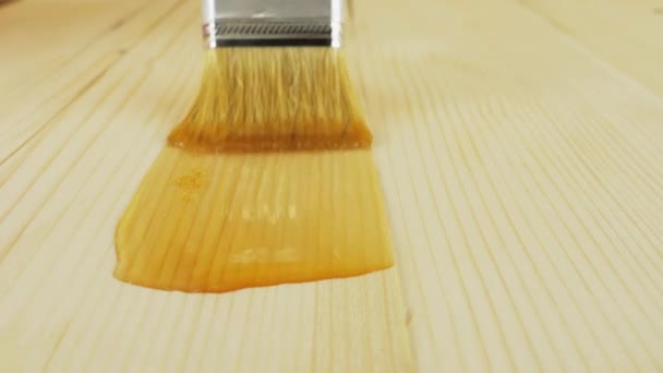 Verfborstel op houten tafel in close-up. — Stockvideo