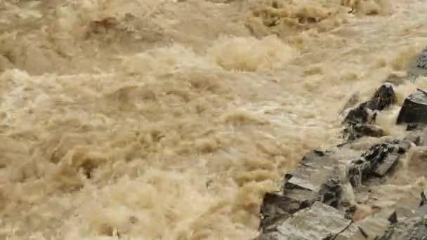 Naturkatastrophen und Extremwetter. Wütender Fluss mit schmutzigem Wasser — Stockvideo