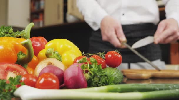 Chef sharpens a knife with a sharpener in the kitchen — Stock Video