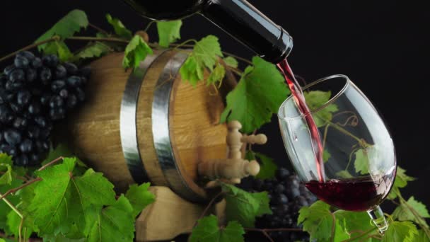 Красное вино наливается из горла бутылки в бокал — стоковое видео