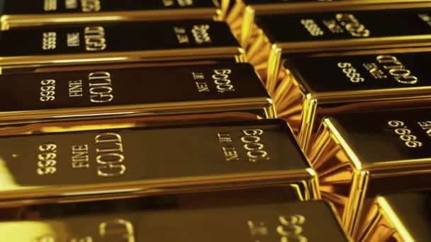 Arany téglák. Stacked arany aranyrudak alacsony látószögű. — Stock videók