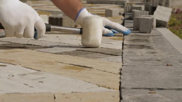 Construtor que estabelece pedras de pavimento na rua. — Vídeo de Stock