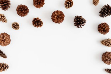 Beyaz bir masada çam kozalakları. Boş kopya alanı ile düz yatıyordu.