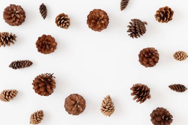 Beyaz bir masada çam kozalakları. Boş kopya alanı ile düz yatıyordu.