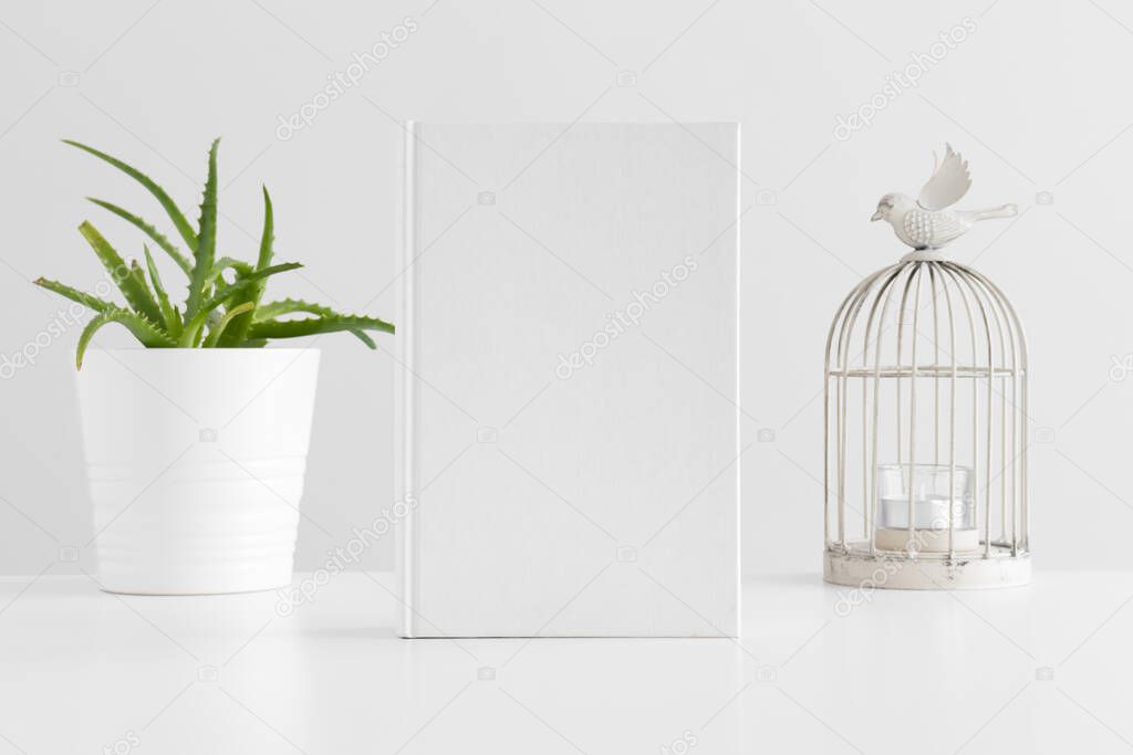 White book mockup with a succulent plant and a candle holder on a white table.