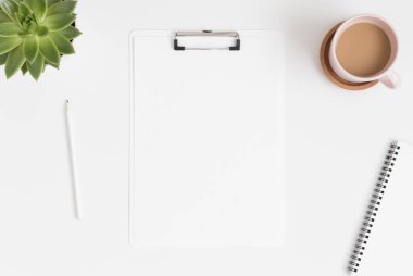 Beyaz bir masa üzerinde sulu bir bitki ve çalışma alanı aksesuarları olan beyaz bir pano modelinin üst görünümü.