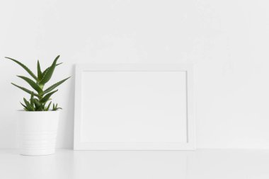 Beyaz çerçeve modeli, beyaz bir masa üzerindeki tencerede aloe vera ile. Manzara oryantasyonu..