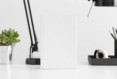 Beyaz kitap, tencerede sulu bir bitki, lamba ve çalışma alanı aksesuarları olan beyaz bir masa..