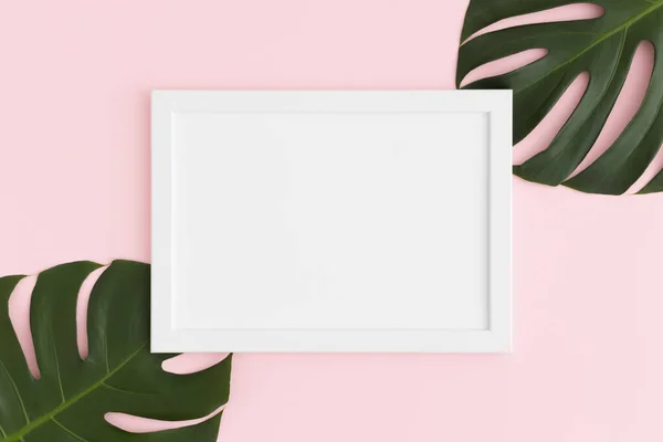 Ovanifrån Vit Ram Mockup Med Monstera Blad Dekoration Rosa Bakgrund — Stockfoto