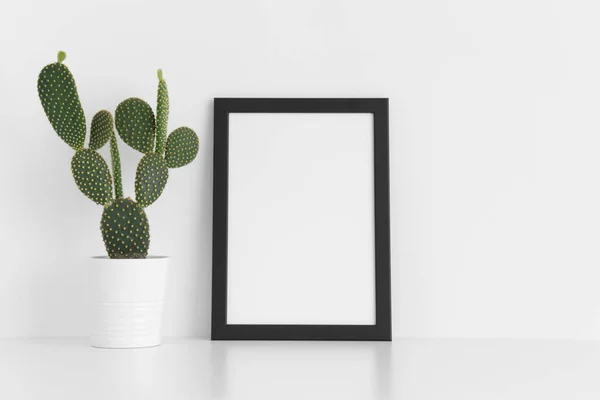 Black Frame Mockup Opuntia Cactus Pot White Table Portrait Orientation — Stock Photo, Image