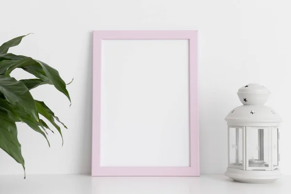 Pink Frame Mockup Spathiphyllum Candle Holder White Table Portrait Orientation — Stock Photo, Image