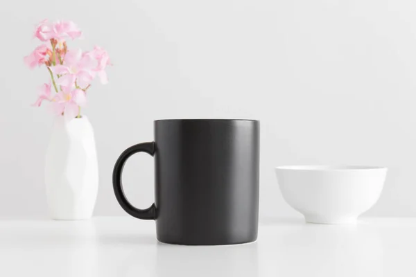 Black Mug Mockup Bouquet Pink Oleander Vase Bowl White Table — Stock Photo, Image