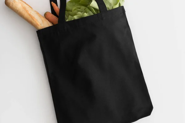 Sac Negru Tote Mockup Alimente Masă Albă — Fotografie, imagine de stoc