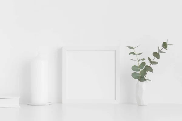 White Square Frame Mockup Workspace Accessories Eucalyptus Vase White Table — Stock Photo, Image