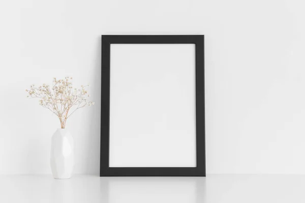 Black Frame Mockup Gypsophila Vase White Table Portrait Orientation — Stock Photo, Image