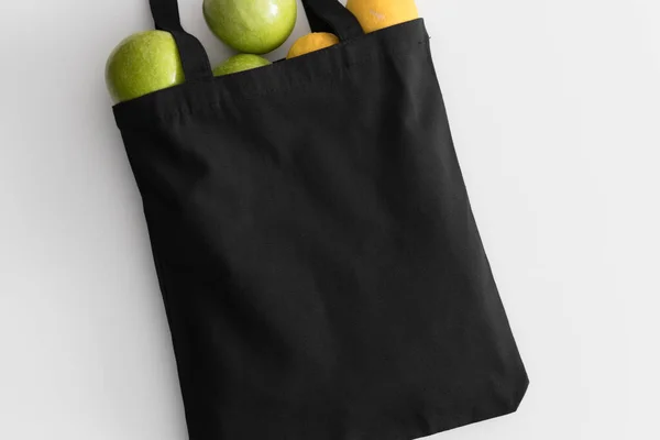 Black Tote Bag Mockup Fruit White Table — Stock Photo, Image