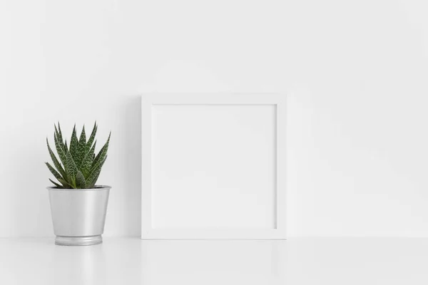 Marco Cuadrado Blanco Maqueta Con Cactus Una Olla Sobre Una — Foto de Stock